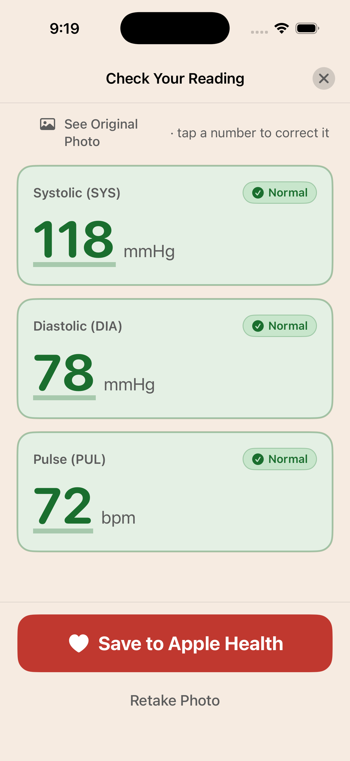 Coraly’s Check Your Reading screen: 118 over 76 and pulse 64, each labelled Normal, with a Save to Apple Health button