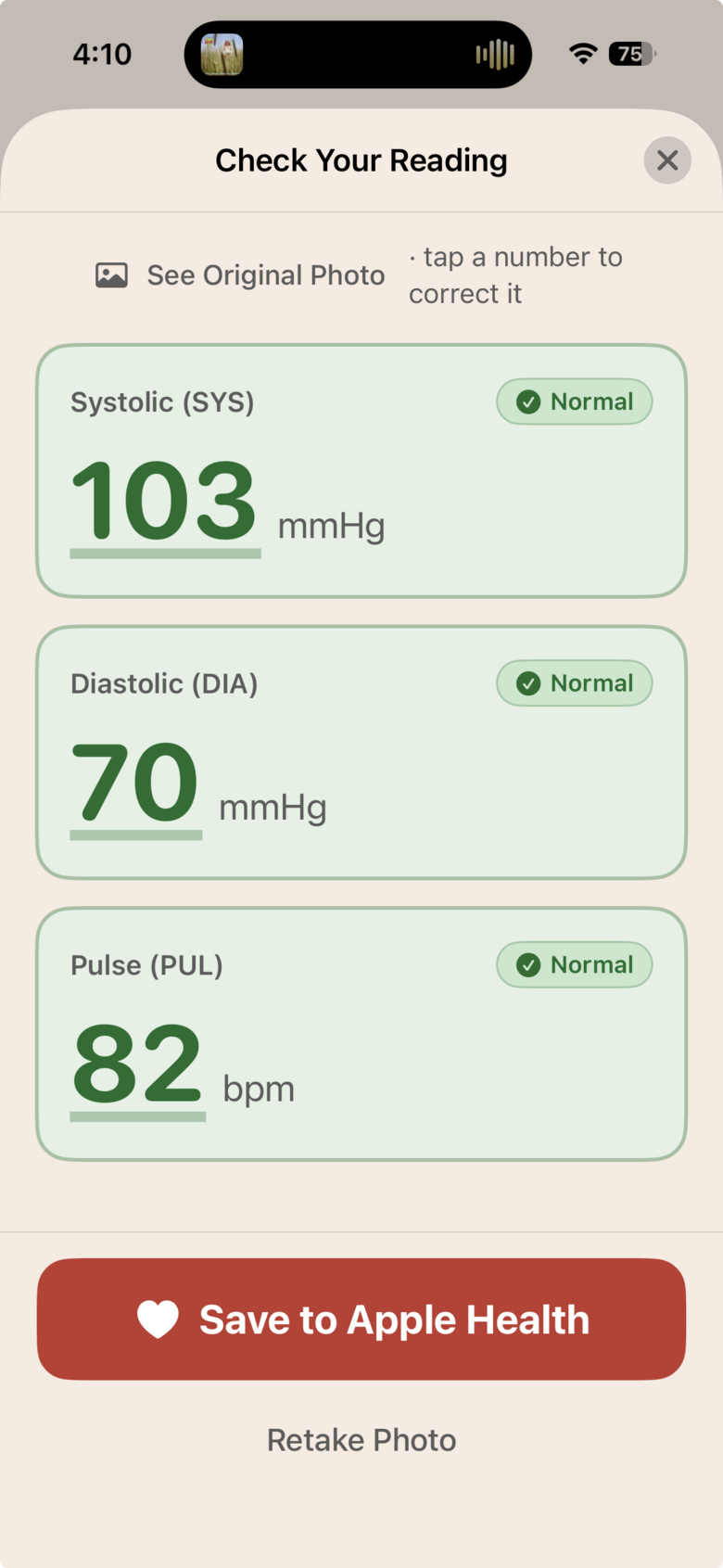 Coraly's Check Your Reading screen, ready to save to Apple Health
